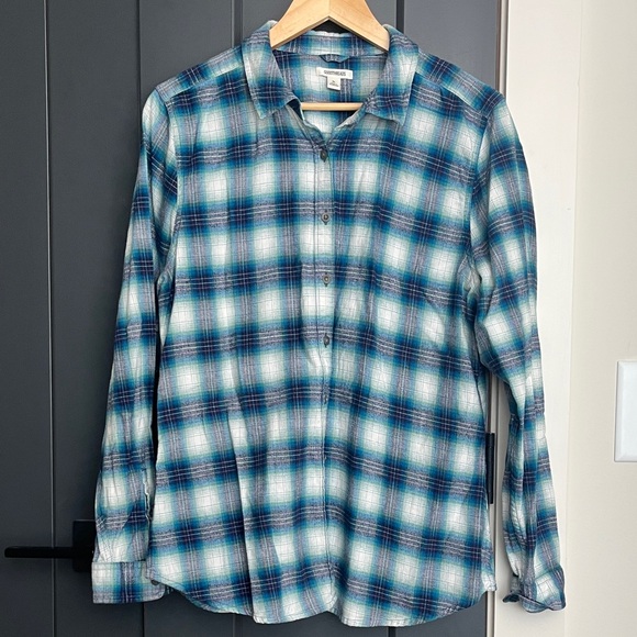 Goodthreads Teal/Navy/White Plaid Flannel Women’s Shirt - Picture 1 of 5
